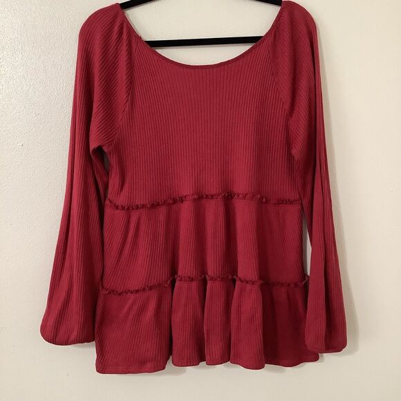 Red Ribbed Layered Ruffle Feminine Cozy Casual Autumn Fall Long Sleeve Top L - Picture 7 of 9